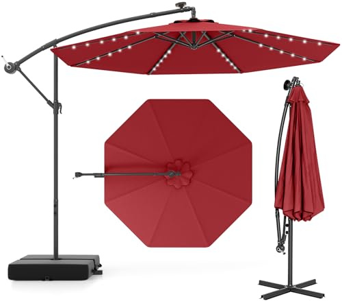 GOPLUS Sonnenschirm Ø 300 cm mit Sandsack, Ampelschirm mit LED-Solar-Beleuchtung, UV-Schutz, Terrassenschirm mit Kurbel, Marktschirm Gartenschirm für Pool, Rasen & Garten, Weinrot