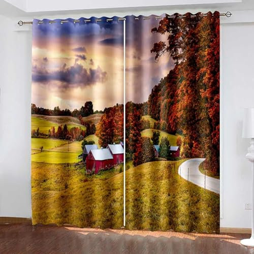 Bishilin Verdunkelungsvorhänge mit Ösen 214x274CM 2er Set, Vorhänge Blickdicht Landschaft Landhäuser und Bäume Gardinen Verdunkelnd Kinderzimmer Jugendzimmer