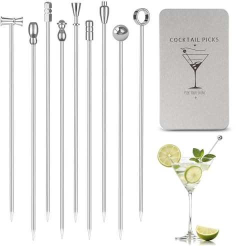 Metal Martini Cocktail Picks 9 Pcs, 4.1 in Olive Skewers Stainless Steel, Martini Garnish Sticks Reusable, Metal Toothpicks for Drinks, Appetizers, Bar Accessories Gift for Bartenders - Sliver