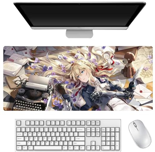 DEXSHUN Violet Evergarden Alfombrilla de ratón grande de anime de 900 x 400 mm, violeta Evergarden, alfombrilla para teclado, alfombrilla de escritorio, accesorios de anime, base de goma