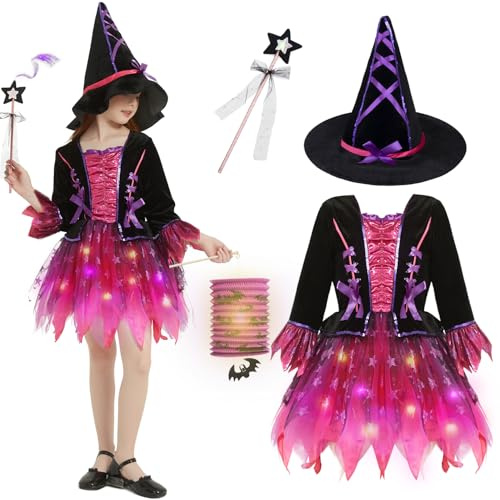 YYSWSAKY - Disfraz de bruja para niña, disfraz de bruja infantil con luces, sombrero, varita y linterna, vestido tutú para Halloween, carnaval, cosplay y fiesta (130)