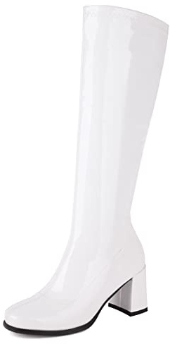 Galindopia Damen Gogo Stiefel White Knee High 70s Jahrgang Schuhe Runde Zehen Halloween Costume Stretch Stiefel Block Heels Dressy Perfomance Plus Size 38