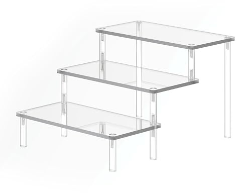 INCETUE 20cm 3-Tier Clear Riser Acrylic Display, Perfume Organiser Stand | 5mm thick tiered rack, display shelf, organizer for perfume, aftershave, makeup, desserts, collectibles