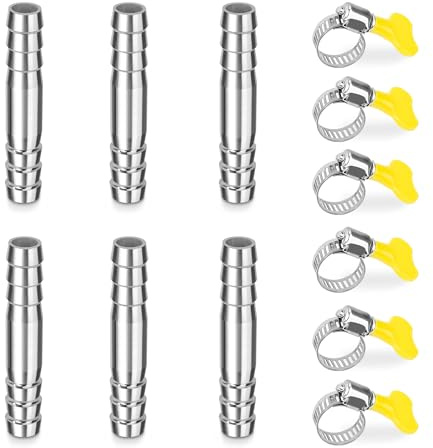 Edelstahl Schlauch Barb, 6 Stück 8mm Gerader Schlauchverbinder Adapter, 2 Wege Tüllenverbinder Schlauchanschluss mit Schlauchschellen für Kraftstoff, Luft, Wasserleitung