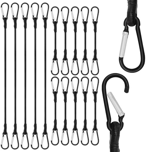 15 PCS Bungee Cord, 30cm and 70cm Bungees with Hooks, Heavy Duty Bungee Cords with Carabiner Clips for Securing Luggage, Camping Gear, Bike Racks, Car Roof, Mountaineering (Black)