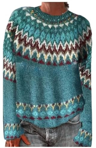 Sobzia Norweger Pullover Damen Kaschmir Pullover Langarm Rundhals Gestreifter Wollpullover Strickpullover Herbst Winter Elegant Winterpullover Pulli Warm Casual Strickpulli Blau L