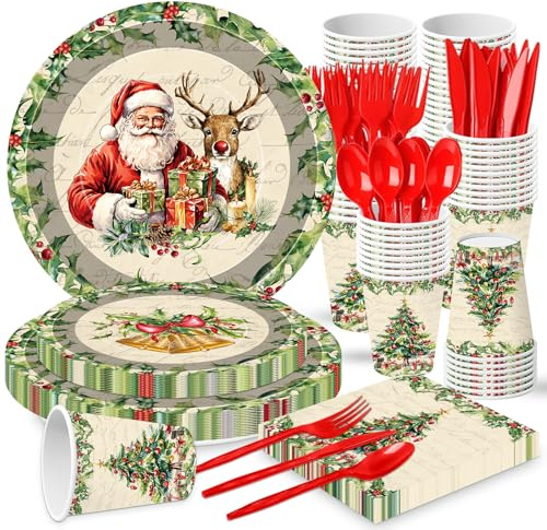 140 Pcs Christmas Party Supplies Set, Disposable Dinnerware Set for 20 Guests Includes 7 & 9 Inch Santa & Reindeer Paper Plates, Napkins, Cups, Forks, Spoons, Knives for Holiday Tableware