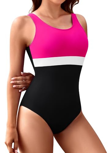 FemiChic Costume Intero da Bagno Donna Sportivo con Coppe Addominali Contenitivo Resistenza al Cloro per Sport Acquatici Moda Spiaggia(Rose Rosso,M)