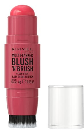 Rimmel Multi Tasker Blush'N'Brush, Dual-Ended Blush Stick with Built-in Brush, Cream-to-Powder Formula for a Smooth, Weightless Finish, Cherry On Point, 8g