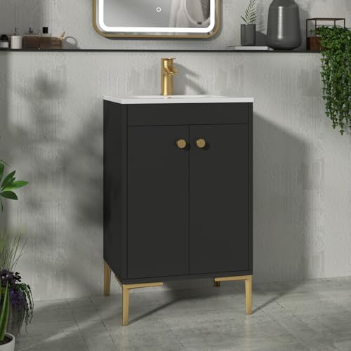 Royal Bathrooms Verona 500mm Floor Standing Vanity Unit Minimalist Basin 2 Door Cabinet Furniture Matt Black with Brushed Brass Knob