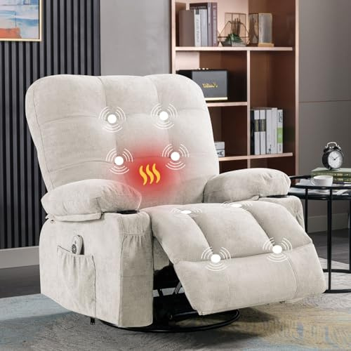 Bosmiller Relaxsessel mit Liegefunktion Elektrisch Fernsehsessel Oversize 360°Drehbarer Liegesessel mit Wärmefunktion Heizung Verstellbar Sessel Stoff TV-Sessel für Wohnzimmer, Beige