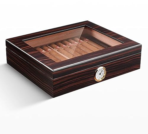 Humidificador de cedro, caja de madera hecha a mano con higrómetro, humidificador y divisor, capacidad para 35 puros, ideal para accesorios de puros