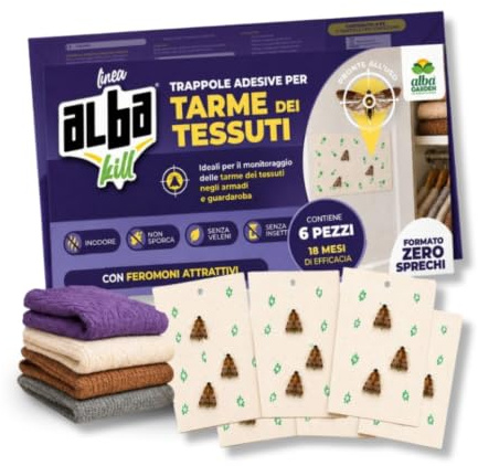 Albagarden Anti Tarme Vestiti Armadio 6 pz con Feromoni, Senza Insetticidi, Antitarme Armadio Efficace 2 Mesi, Protezione Abiti Lana Cashmere Seta, Trappola Tarme Adesiva per Tessuti