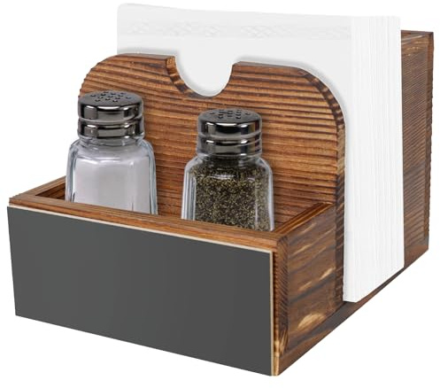 Napkin Holder with Salt and Pepper Shakers Cutlery Holder Vintage Wooden Napkin Versatile Tabletop Condiment Caddy for Home Spice Tableware(Coffee-Colored)