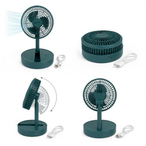 A2Z Ventilador de escritorio USB recargable de 6 pulgadas, portátil, plegable, con altura ajustable y ángulo de inclinación, 3 ajustes de velocidad, indicador LED, cable USB incluido, ventilador de