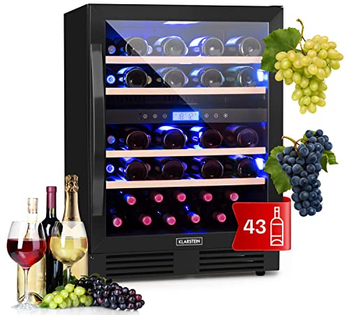 KLARSTEIN Cantinetta Vino Design da Incasso, Cantinetta Vino Refrigerata a Zona Doppia per Rosso, Bianco e Birra, Controlli Touch, Frigo per Esterno/Interno, 129L, 43 Bottiglie
