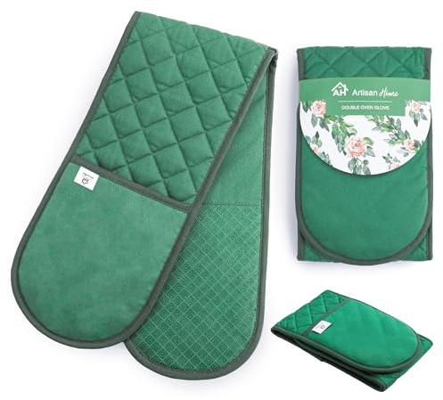 Green Double Oven Gloves Heat Resistant Silicone Oven Mitts Pair | Non-Slip Silicone Oven Gloves Double Oven Mitt | Machine Washable Thick Potholders Home & Kitchen Accessories.
