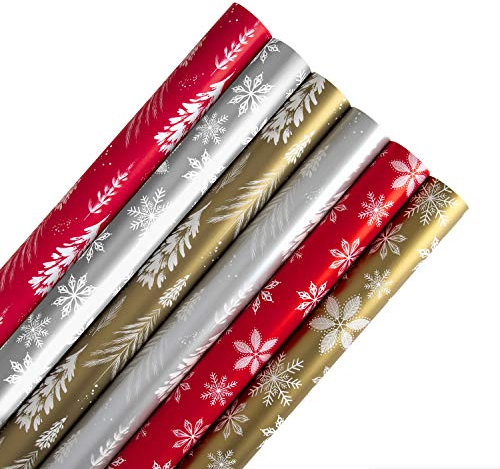 Hallmark Geschenkpapier Weihnachten 6 Stück Geschenkpapier je 3M 2 festliche Motive Bäume Schneeflocken Rot Silber Gold