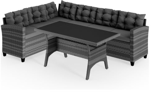 CASARIA® Conjunto Jardin Exterior Poliratán Comedor WPC Sillones Esquineros con Cojines Mesa 6 Personas Resistente Intemperie Muebles Salón Balcón Terraza Gris