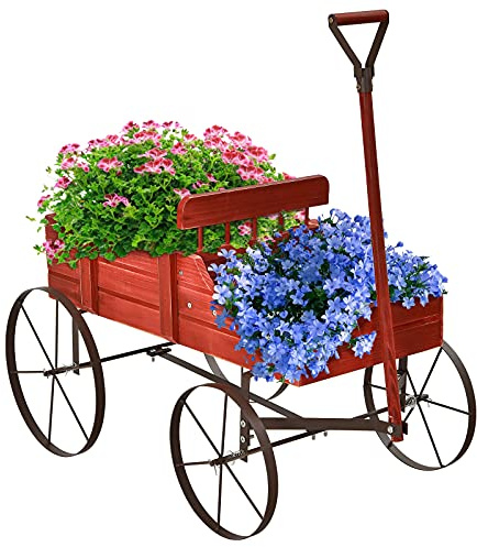 GOPLUS Carrello Fioriera da Giardino, Carrettino in Legno per Fiori, con 4 Ruote e Manico Regolabile, Portata 15 kg, Porta Piante da Esterno Giardinaggio, 62x34x60 cm (Rosso)