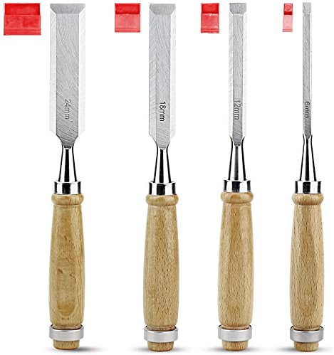 ZPYXBH Stechbeitel-Satz 4-Teilig,Stemmeisen Set Für Holz Zur Bearbeitung Von Holz,Verschiedene Breiten 6/12/18/24Mm Mit Holzgriff,Holzmeißel/Schnitzwerkzeug Für Holzschnitzerei Anfänger Und Profis