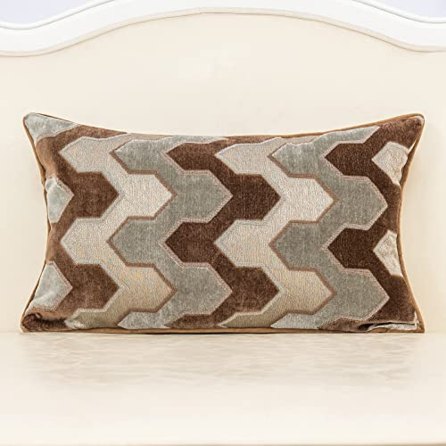 Alerfa Rectangle Pillow Geometric Stripes Embroidery Cut Velvet Cushion Case Luxury Modern Lumbar Throw Pillow Cover Decorative Pillow for Couch Sofa Living Room Bedroom Car 12 x 20 Inch Brown Gray