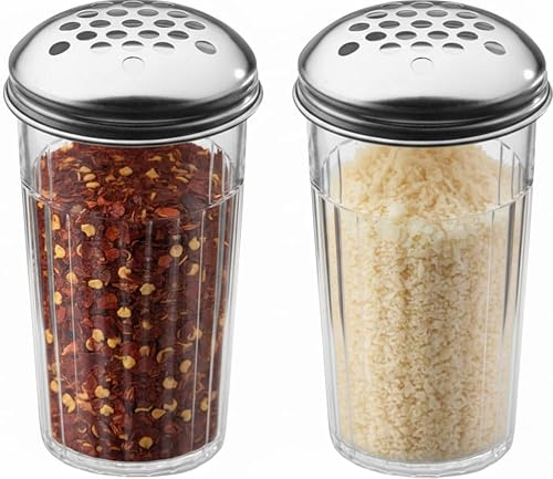 12-Ounce Plastic Parmesan Cheese Shaker/Red Pepper Shaker with 1/4 Large Holes Stainless Steel Lid, Clear Plastic suger/spice dispenser Lids, By Geex Depot US. (360ml) (1) (2)
