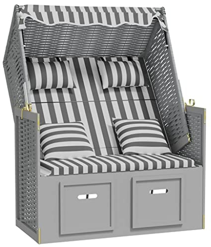 vidaXL Strandkorb mit Kissen Gartenliege Volllieger Sonnenliege Sonneninsel Strandliege Zweisitzer Liege Strand Poly Rattan Massivholz Grau Weiß