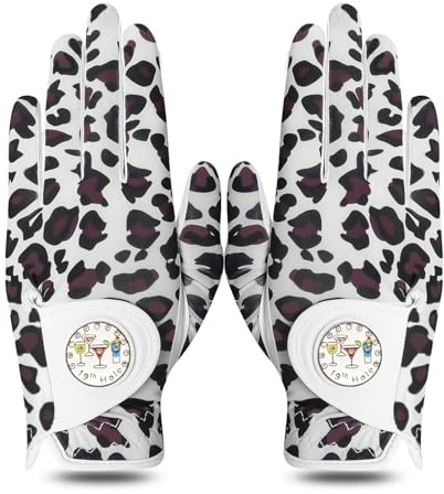 LOVMEAD Damen Golf Handschuh Golfhandschuhe Leder mit Ballmarker All Wetter Linke Rechte Hand Paar, Damen-Golfhandschuhe Rain Grip Weathersof rutschfest Sport (Leopard, M)
