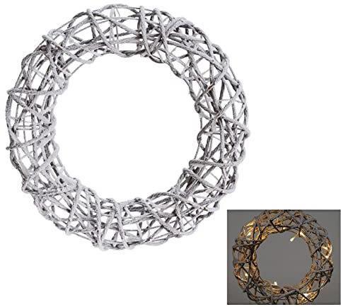 Spetebo LED Rattankranz aus Kunststoff zum Hängen mit Timer - Ø 40 cm - Deko Kranz mit Kunstschnee - Weihnachten Advent Winter Tür Dekoration warm weiß beleuchtet