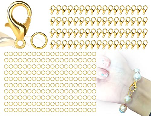 300 Stück ZoeTekway Kettenverschluss Set, verschlüsse für armbänder Halsketten, 100 Stück Karabinerverschlüsse Silber Schmuckverschlüsse mit 200 Stück Öffnen Biegeringe, Schmuckherstellung(Golden)