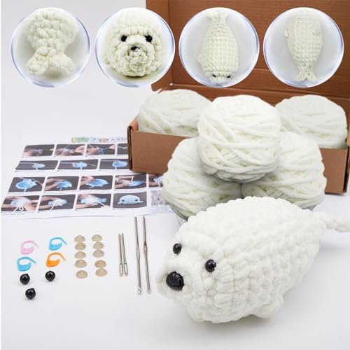 FREEBLOSS 3 Set Häkelset Crochet Set Strickset für Anfänger Mit Video Tutorials Süßes Siegel Handarbeiten für Erwachsene Stricken und häkeln Zubehör Häkelhaken Set für Mutter Gift