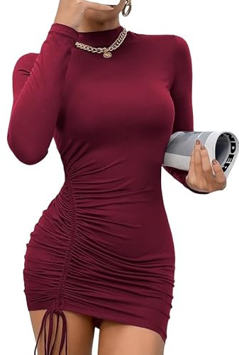 Rongseng Vestido Mujer Manga Larga Sexy Ajustado Cuello Alto Elástico con Lado Cordón Mini Elegante Informal Slim Fit Color SóLido para Fiesta Cóctel Club Invierno