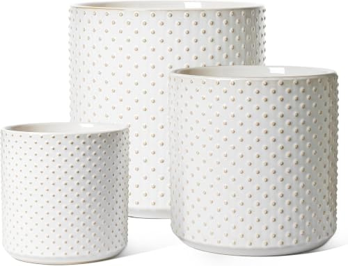 LE TAUCI Ceramic Plant Pots, 15+20+25 cm Indoor Planters with Draiange Hole, Silicone Plug & Mesh Pad, Modern Rasied-Dots Pots for Home Office, Set of 3, Glossy, Arctic White