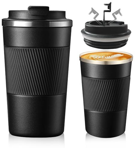 Senshuomy Travel Mug, Insulated Coffee Cup with Leakproof Lid, Reusable Coffee Cups Travel Cup, Stainless Steel thermaol Mug for Hot Cold Drinks (Black 380ml)