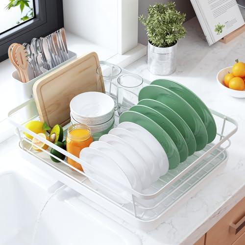 Kitsure Abtropfgestell mit Besteckhalter, 39,6 x 30,5 x 12,7 cm, Weiß | Kompakter Geschirrabtropfer mit verstellbarem Ablauf, rost- und kratzbeständig, ideal für eine saubere Küchentheke