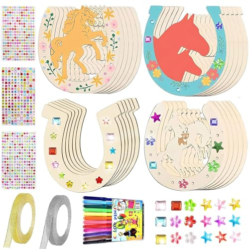 Hufeisen Holz, 24 Stück Hufeisen Kindergeburtstag Holz, Bastelset Kinder | Pferde Geburtstagsdeko, Basteln Kinder mit 12 Aquarellstift, 3 Paillettenaufklebern, 2 Glitzerband für DIY Pferde Deko Party