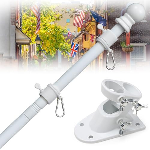 House Flag Pole Kit - 5-7 Ft Adjustable Tangle Free Flag Poles for 3x5 4x6 Flags Outdoor with Bracket - Heavy Duty Stainless Steel Flagpoles Residential Commercial for Outside Porch Boat Truck