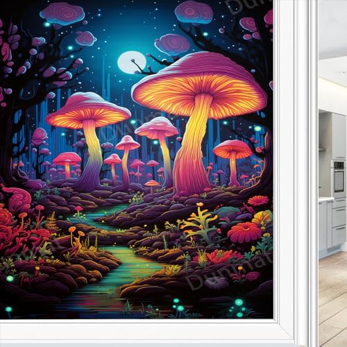 Bunte Pilze Fenster Sichtschutzfolie Schöne Wald Natur Mond Buntglas Fensterabdeckungen Statisch Haftende Fensterfolie für Home Office Stores 80 x 120 cm
