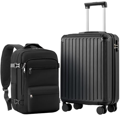 COOLIFE Handgepäck Koffer 55X40X20cm und Kabinen Rucksack 20L(40X25X20cm) Set für Ryanair & EasyJet Flugzeug Handgepäck Kabinengepäck Hartschlagenkoffer Reiserucksack Klein mit TSA-Schloss