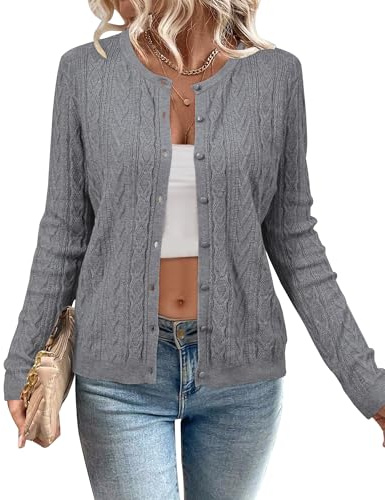 Arach&Cloz Damen Strickjacke Leichte Langarm Rundhals Ausschnitt Cardigan Früling Sommer Strickpullover mit Knopf, L