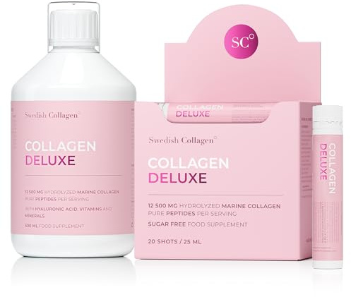 Swedish Collagen Deluxe - 12500 mg colágeno marino hidrolizado líquido (500 ml) shots (20 x 25 ml) Suplementos suministro 40 días Péptipuros ácido hialurónico vitamina C cabello piuñas saludables