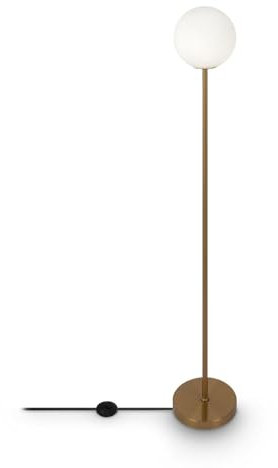 Licht-Erlebnisse Stehlampe klein Glas Metall 155 cm in Messing Weiß E27 Fußschalter Kugel Schirm Modern Stehleuchte Wohnzimmer Kugellampe innen Bodenleuchte