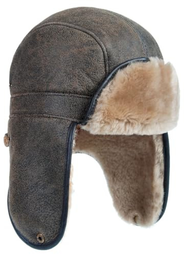 Harssidanzar Fliegerhüte Aviatormütze Trapper Hut für Herren Damen Lammfell Shearling Leder Pelz Warme Wintermütze CU610EU