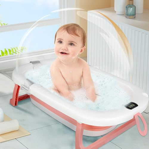 Baby Badewanne Faltbare mit Thermometer, Kinderbadewanne, Baby Bathtub Kinderbadewanne Babybadewanne inkl. rutschfesten Füßen, für Kinder ab 0 Monaten, 80 * 50 * 23-Rosa