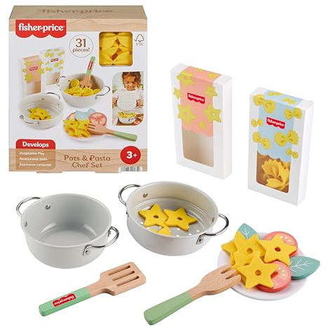 Fisher-Price - Chef Pentole e Pasta, set con 31 pezzi in legno a tema cucina per tante attività, pentole, utensili e ingredienti in legno, giocattolo per bambini, 3+ anni, JFG14