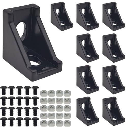10 Set Black 2020 Series Aluminum Extrusion Profile Corner Bracket, L Shape Connectors wtih 20 Pcs M5 T Slot Nuts + 20 Pcs M5 Hex Bolts for 6 mm T Slot Rail Perfil Extruded Aluminum Connect