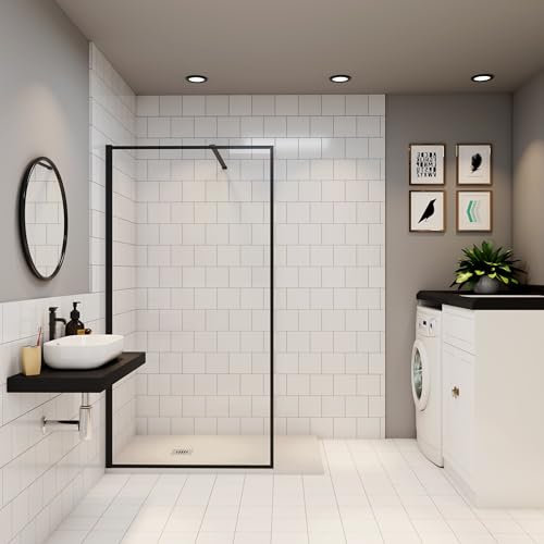 Paroi de douche à l'italienne 100cm en 8mm verre trempé anticalcaire AICA paroi de douche noire Hauteur 200cm avec barre de fixation 90cm