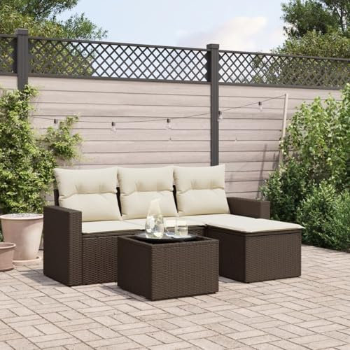 IKAYAA 5-TLG Rattan Gartenmöbel Set mit Stauraum Gartenlounge Balkon Lounge Gartenmöbel Klein Rattan Sofa Balkon Ecklounge Gartensofa Ecksofa Loungemöbel Terrasse-Braun und Creme Type-22