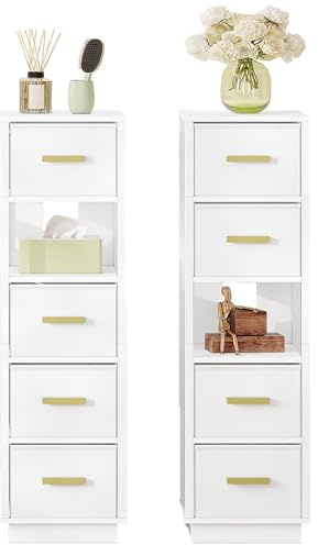 Hzuaneri Badezimmerschrank, Badregal mit 2 Schubladen, Schmaler Aufbewahrungsschrank, Multifunktionaler Badschrank, für Badezimmer Wohnzimmer, Schlafzimmer, 28 x 28 x 97,5 cm Weiß BC17303W